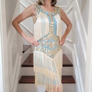 Halloween Party Women's Dress: Roaring 1920s Dress. Turquoise and Ivory. S.